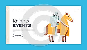 Knights Events Landing Page Template. Ancient Medieval Warrior Wear Armor Sit on Horse Back with Shield