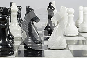 Knights face to face in a marble chess board