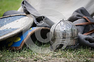Knights helmet, shield and armor