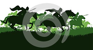 Knights are jumping. Meadow countryside Battlefield. Scenery silhouette. Medieval warriors with spears and in armor ride