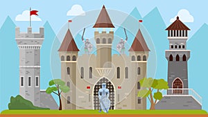 Knights and old medieval castle vector illustration. Ancient architecture fortress with towers. Knights warriors in