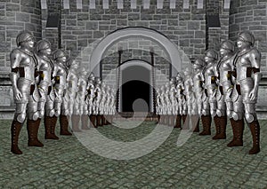 Knights Standing In Line Castle Entrance Illustration