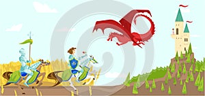Knights with swords fight fierce dragon cartoon vector illustration of wild fairytale fantasy creatures with wings in