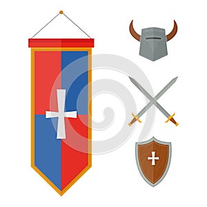 Knights symbols medieval weapons heraldic knighthood elements medieval kingdom gear knightly vector illustration.