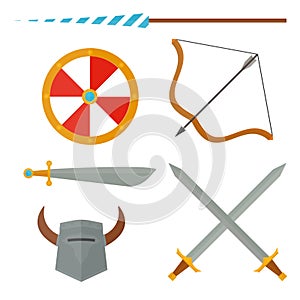 Knights symbols medieval weapons heraldic knighthood elements medieval kingdom gear knightly vector illustration.