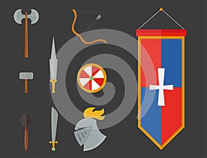 Knights symbols medieval weapons heraldic knighthood elements medieval kingdom gear knightly vector illustration.