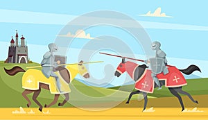 Knights tournament. Medieval chivalry prince in brutal armour helmet warriors on horse vector cartoon background photo