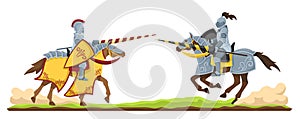 Knights tournament. Medieval knight in armor on horseback, chivalry horse battle with two opponents cartoon vector