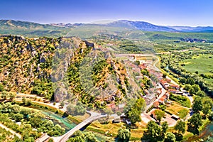 Knin town, fortress and Krka river aerial view