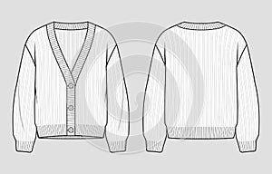 Knit cardigan. Vector technical sketch. Mockup template