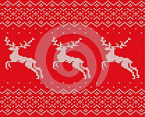 Knit christmas design with deers and ornament. Xmas seamless pattern red background. Knitted winter sweater texture.