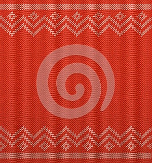 Knit christmas geometric background space for text. Realistic xmas horizontal seamless vector pattern. Knitted winter red sweater