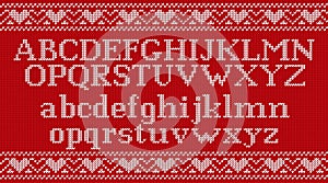 Knit font on Christmas knitted background. Vector illustration.