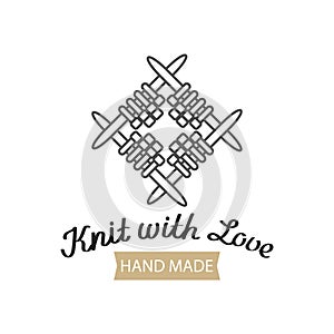 Knit with love lettering and knitting needles with a knitted fabric. Hobby icon, logo vector