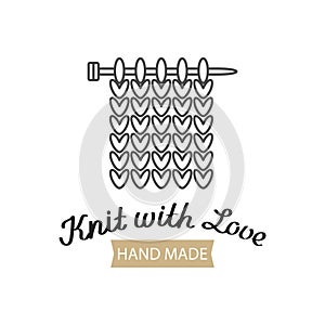 Knit with love lettering and knitting needles with a knitted fabric. Hobby icon, logo vector