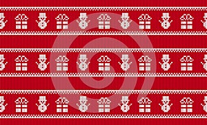 Knit seamless pattern. Christmas red background with snowman and gift. Knitted sweater print