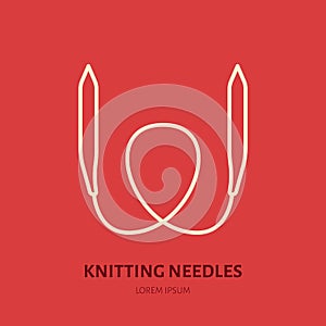 Knit shop line logo. Yarn store flat sign, illustration of circular knitting needles