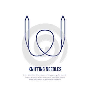 Knit shop line logo. Yarn store flat sign, illustration of circular knitting needles, hand made equipment