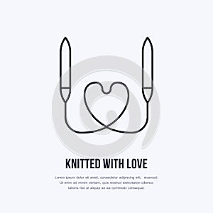 Knit shop line logo. Yarn store flat sign, illustration of circular knitting needles with heart shape