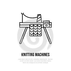 Knit shop line logo. Yarn store flat sign, illustration of knitting machine with yarn pattern