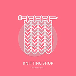 Knit shop line logo. Yarn store flat sign, illustration of knitting needles with yarn pattern