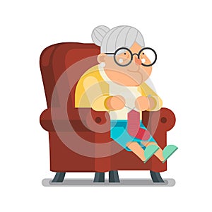 Knit Wool Sock for Grandchildren Sit Rest Granny Old Lady Character Cartoon Flat Design Vector illustration