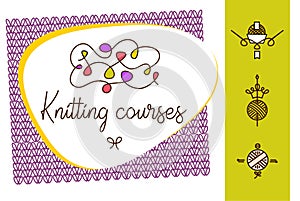 Knit workshop, creative course, master class vector template poster, banner, flyer. All for knitting. Freehand drawn line concept