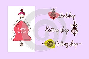 Knit workshop, creative course, master class vector template poster, banner, flyer. All for knitting. Freehand drawn line concept