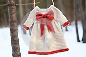 A knitted baby dress with a ribbon tie