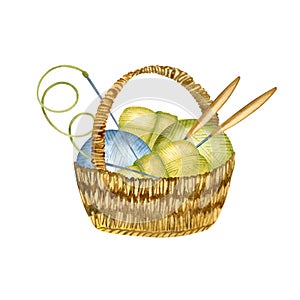 Knitted basket with balls of wool. Watercolor hand drawn illustration. Crochet tools, wooden needle, balls of wool