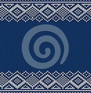 Knitted blue christmas geometric ornament. Winter seamless knit background. Xmas sweater texture design.