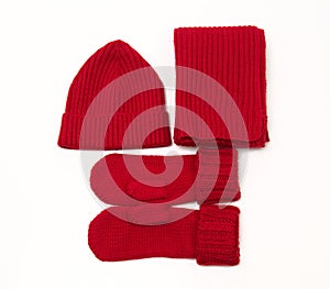 Knitted cap; scarf and gloves