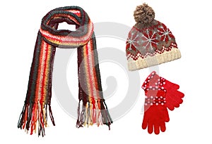 Knitted cap, scarf and gloves isolated on white