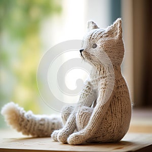 A knitted cat sits on a window sill, AI
