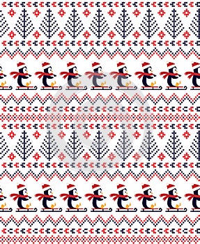 Knitted Christmas and New Year pattern the penguins. Wool Knitting Sweater Design. Wallpaper wrapping paper textile print. Eps 10