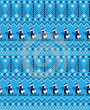 Knitted Christmas and New Year pattern the penguins. Wool Knitting Sweater Design. Wallpaper wrapping paper textile print. Eps 10