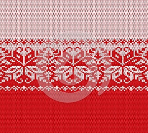 Knitted christmas red and white floral geometric ornament. Xmas knit winter sweater texture design.