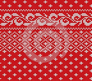 Knitted christmas red and white floral seamless ornament. Xmas knit winter sweater texture design.