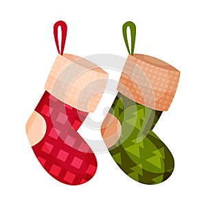 Knitted Christmas Stocking Flat Style Vector Illustration