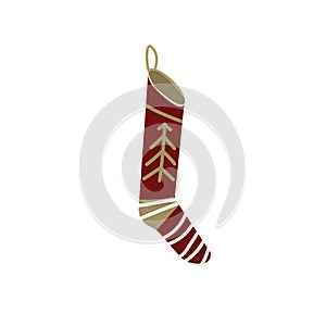 Knitted christmas stocking with red patterns on white background, vector illustration