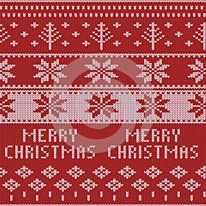 Knitted Christmas sweater pattern with deers, fir-trees, snowflakes. Winter fabric background.