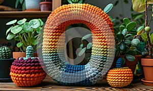 Knitted colored letter O on an abstract background. photo