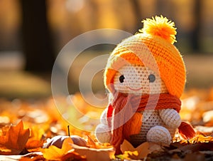 a knitted doll wearing an orange hat sits on the ground surrounded by autumn leaves