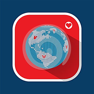 Knitted Earth globe with like hearts and flat shadow isolated on red rounded square, modern vector illustration on