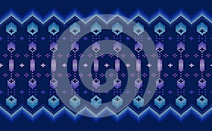Knitted ethnic pattern, Vector embroidery ornate background, Blue and Purple Cross stitch surface style
