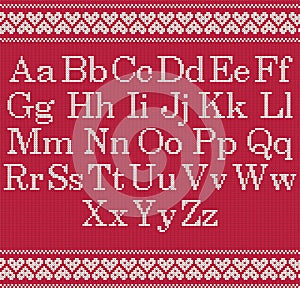 Knitted font on red background. Christmas knit alphabet on seamless pattern. Nordic Fair Isle knitting border. Sweater Christmas