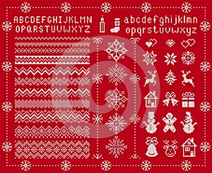 Knitted font and xmas elements. Vector illustration. Christmas seamless texture. Knitted sweater print