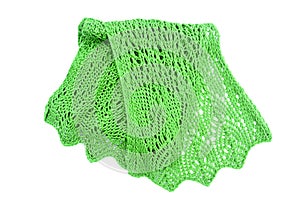Knitted green scarf on white background
