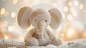 Knitted grey elephant on a bokeh background, a soft knitted elephant toy for children's games