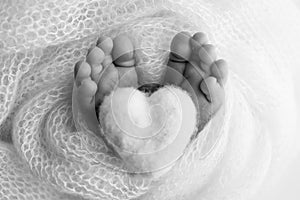 Knitted heart in the legs of baby. The tiny foot of a newborn baby. Soft feet of a new born